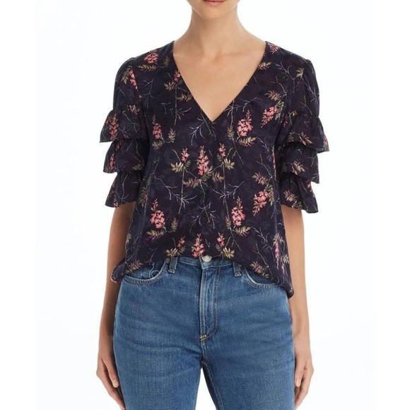 Rebecca Taylor navy blue floral silk blend ruffle sleeve blouse - Picture 3 of 15